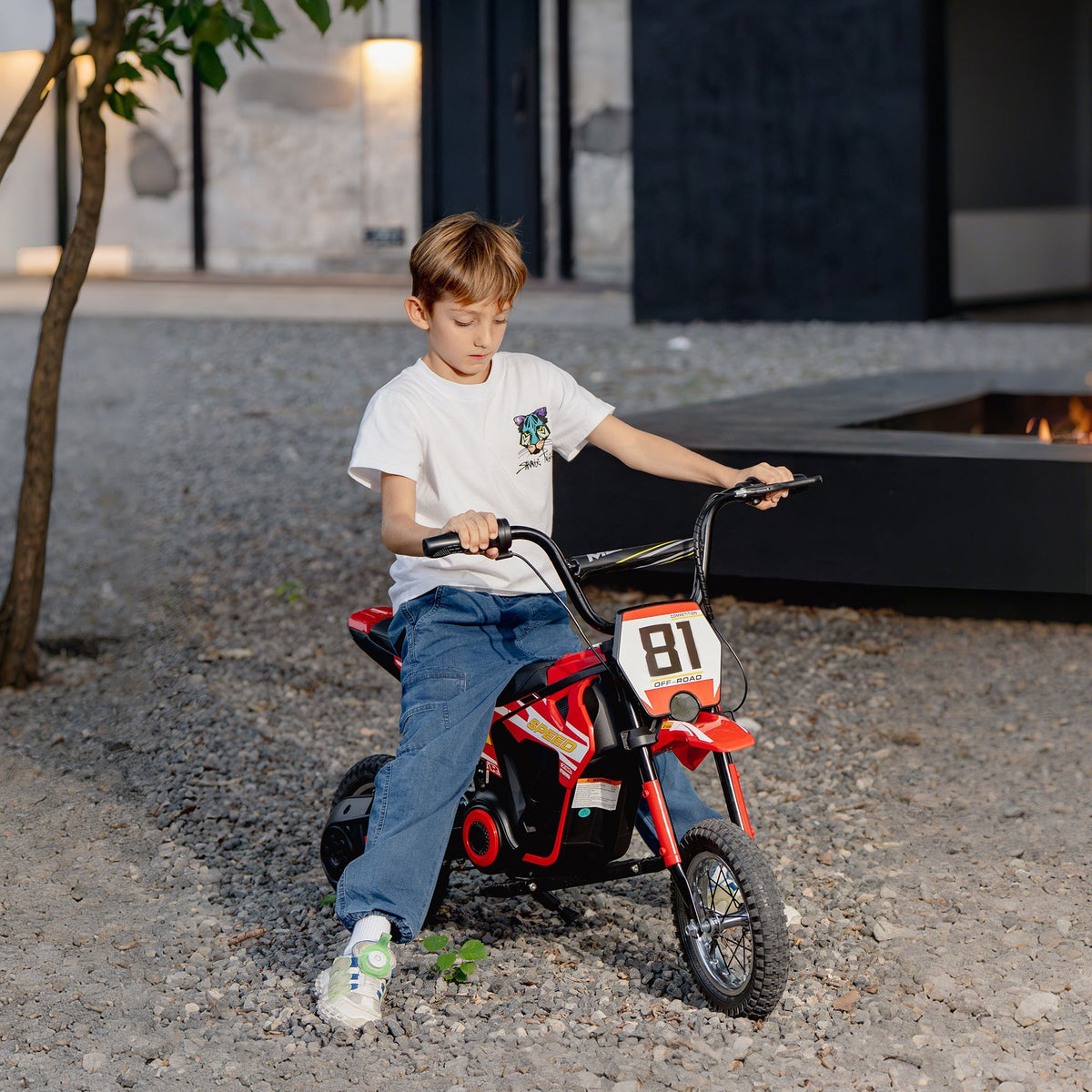 Red and black aiyaplay kids electric dirt bike with white number plate 81 24v 3 speeds rear suspension for 8-12 years