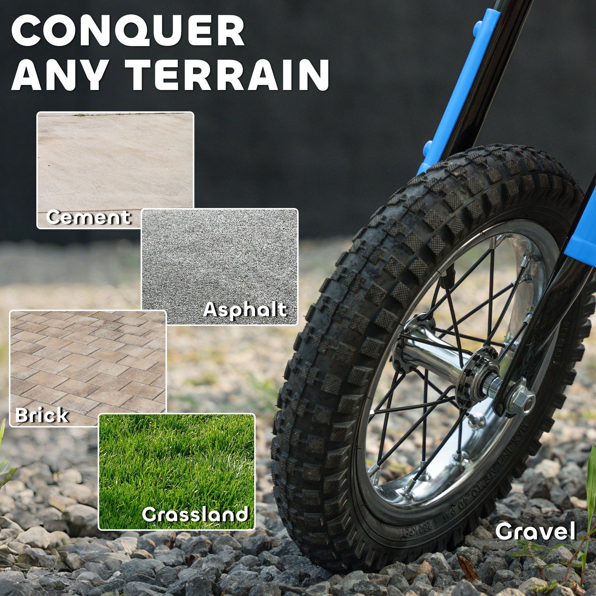 Blue and black aiyaplay kids electric dirt bike wheel with rugged tread chrome spokes and visible hub for ages 8 to 12