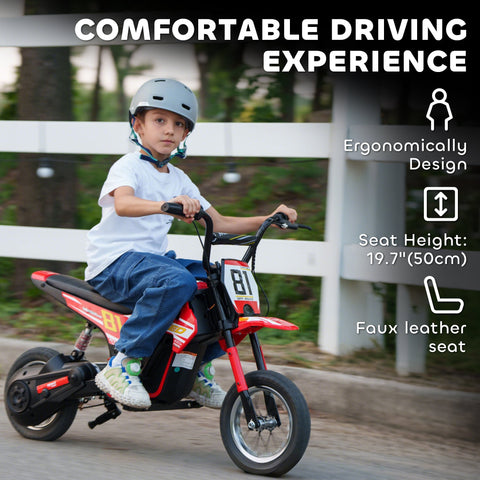 Red and black aiyaplay kids electric dirt bike with faux leather seat and rear suspension for kids 8 to 12 years old