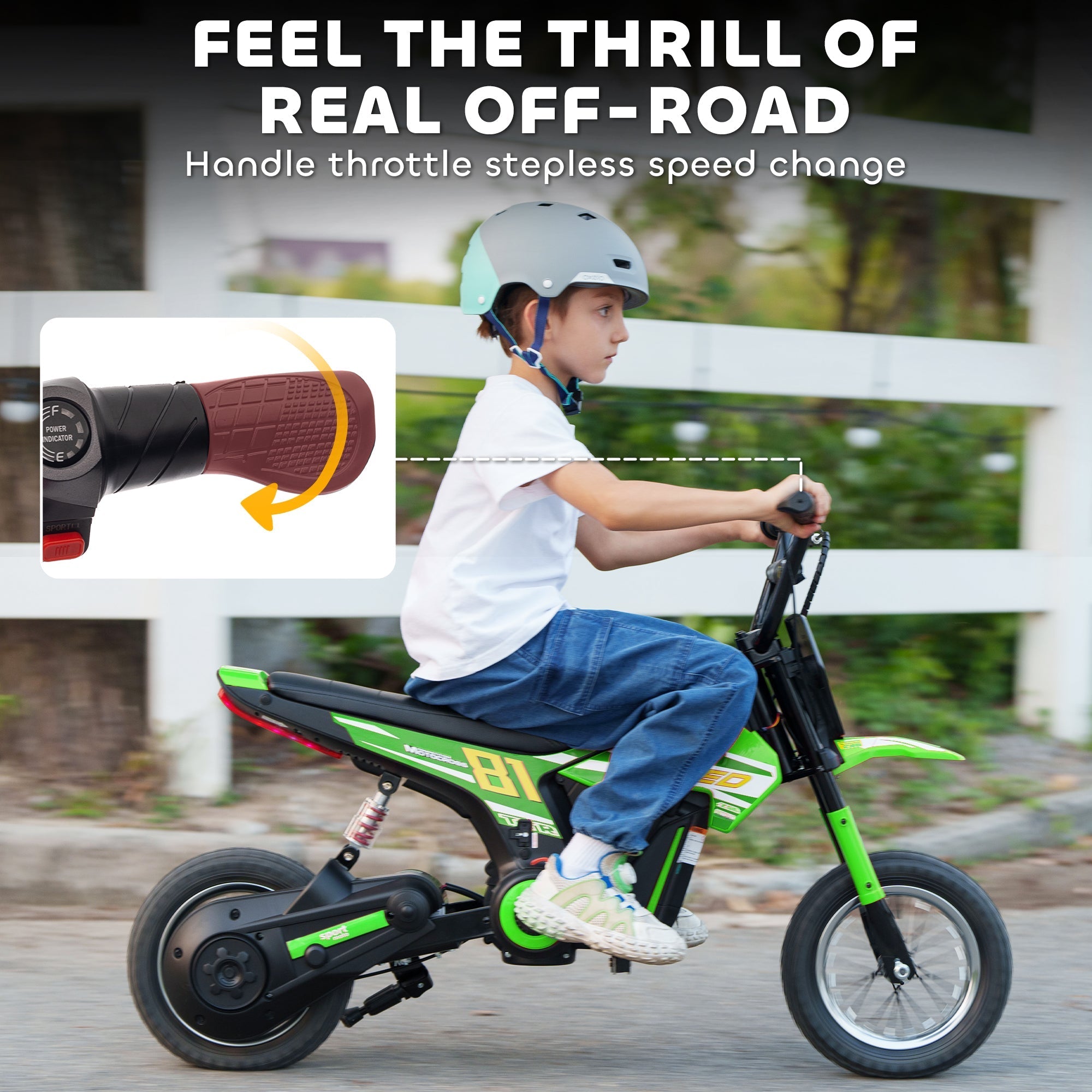 Green and black aiyaplay kids electric dirt bike with stepless throttle control and rear suspension for ages 8-12