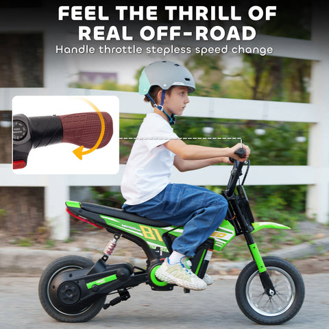 Green and black aiyaplay kids electric dirt bike with stepless throttle control and rear suspension for ages 8-12