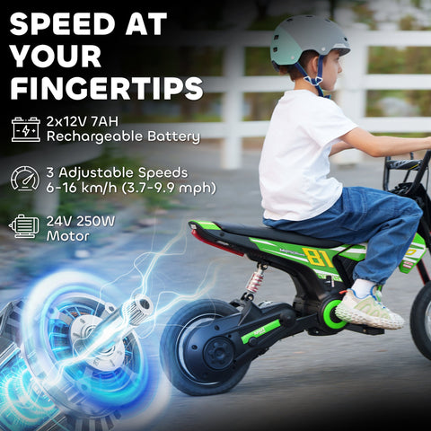 Child riding a green and black aiyaplay kids electric scooter with 24v motor and rechargeable battery for ages 8-12