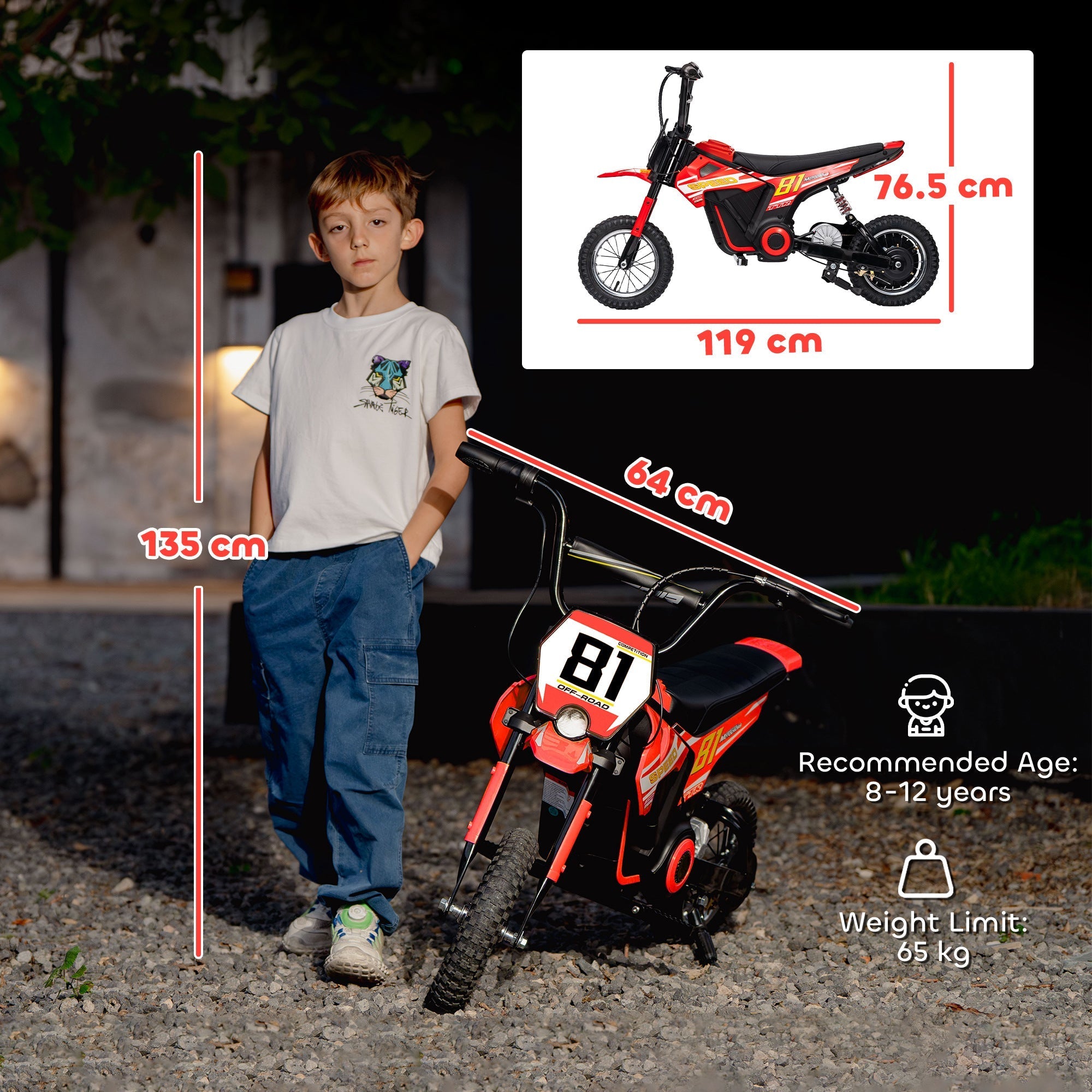 Red and black aiyaplay kids electric dirt bike with racing number plate and rear suspension for kids 8 to 12 years old