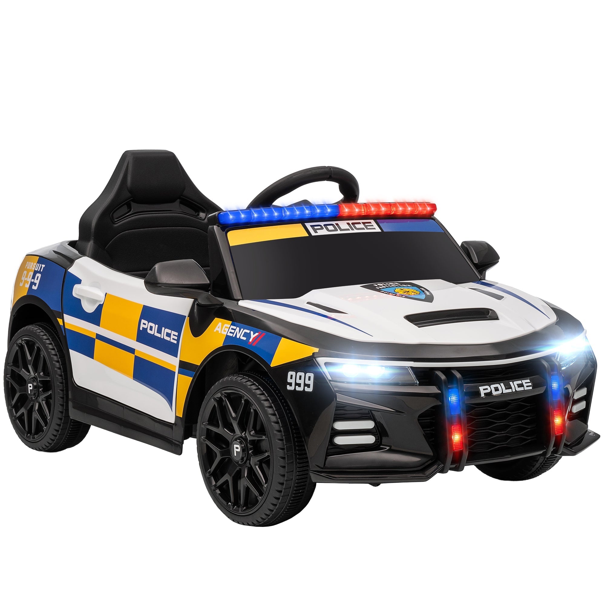 Aiyaplay kids remote control police car with black and white body blue yellow stripes led lights for ages 3 to 5
