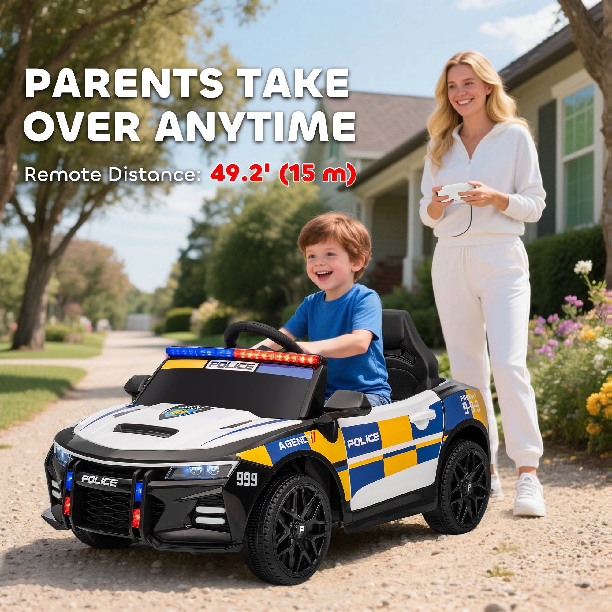 Aiyaplay kids electric police car in white blue with remote control music horn siren for ages 3 to 5 years old