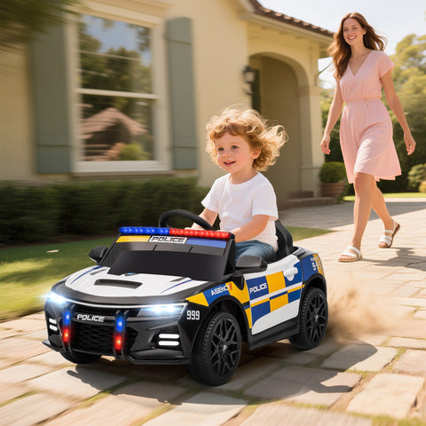 Black and white aiyaplay kids electric police car with remote control blue yellow accents and flashing lights for toddlers