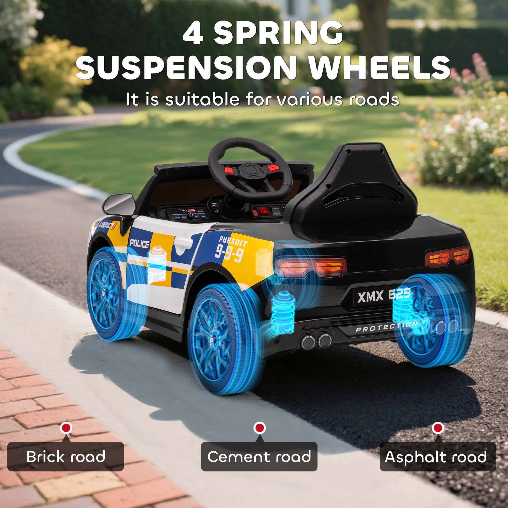 Black and blue aiyaplay kids police car electric ride on with remote control and 4 spring suspension wheels for toddlers