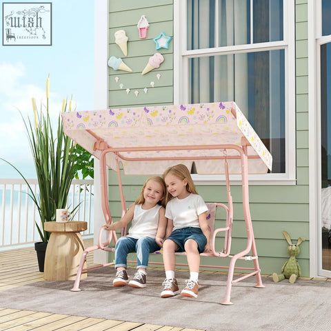 Pink AIYAPLAY kids garden swing bench with adjustable canopy, safety belt, and non-skid feet for patio use