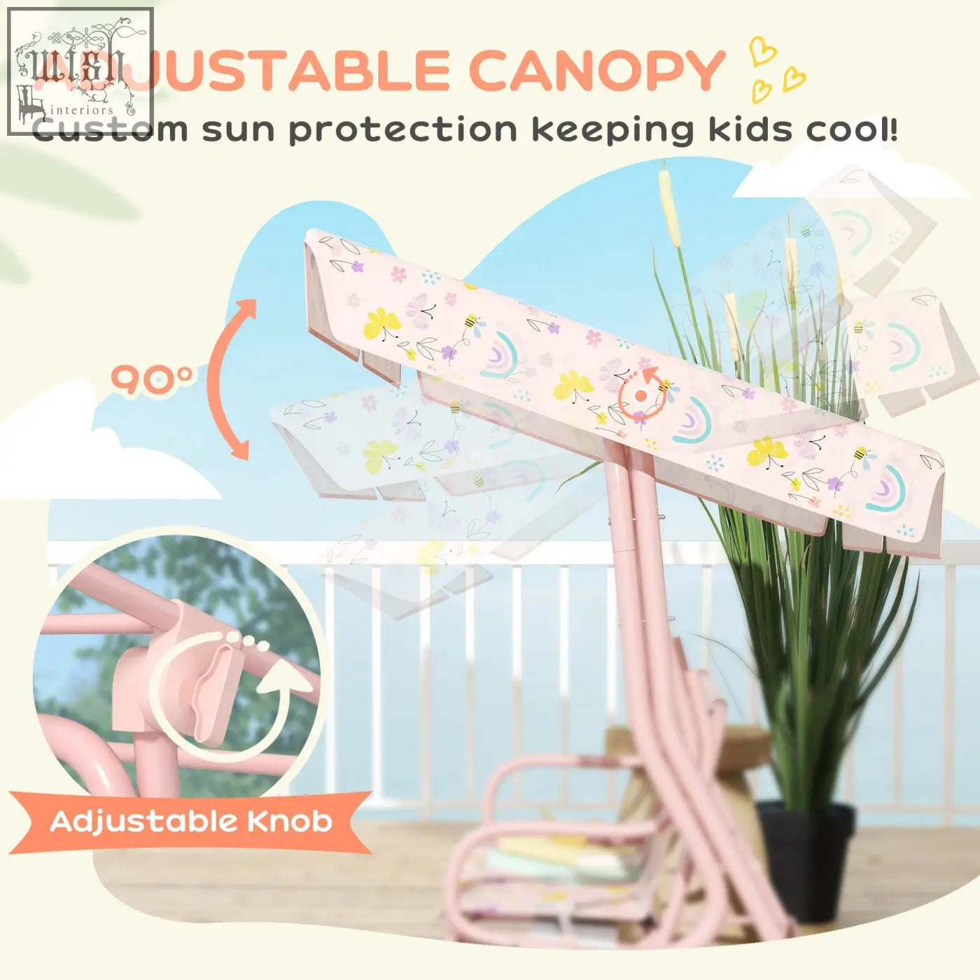 Pink AIYAPLAY kids garden swing bench with adjustable canopy and non-skid feet for safe outdoor fun