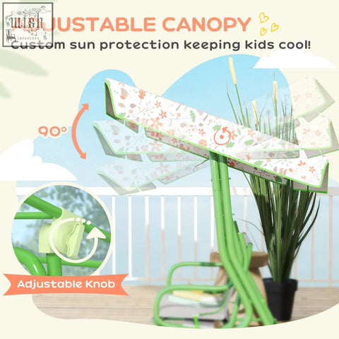 Green metal frame aiyaplay kids swing bench with adjustable canopy and non-skid feet for patio or porch use