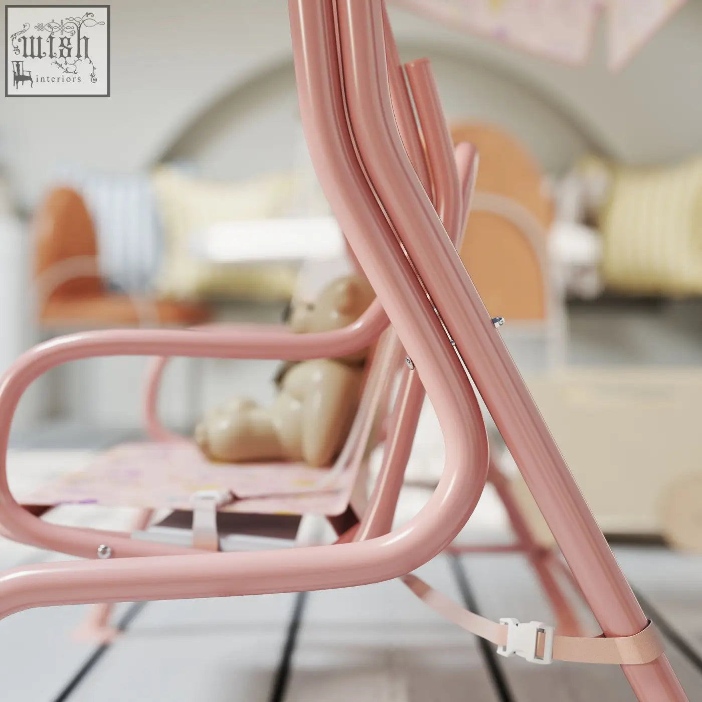 Pink metal kids garden swing bench with adjustable canopy soft fabric seat white safety belt and non-skid feet