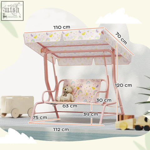 Pink metal-framed AIYAPLAY kids garden swing chair with adjustable canopy, pastel rainbow seat, safety belt, and non-skid feet