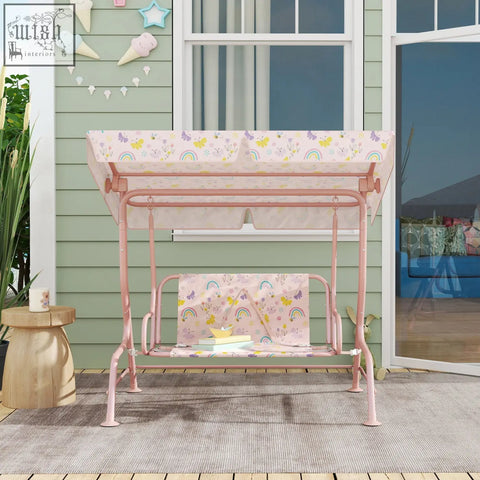 Pink metal double swing bench with adjustable canopy and pastel rainbow butterfly floral seat and non-skid feet