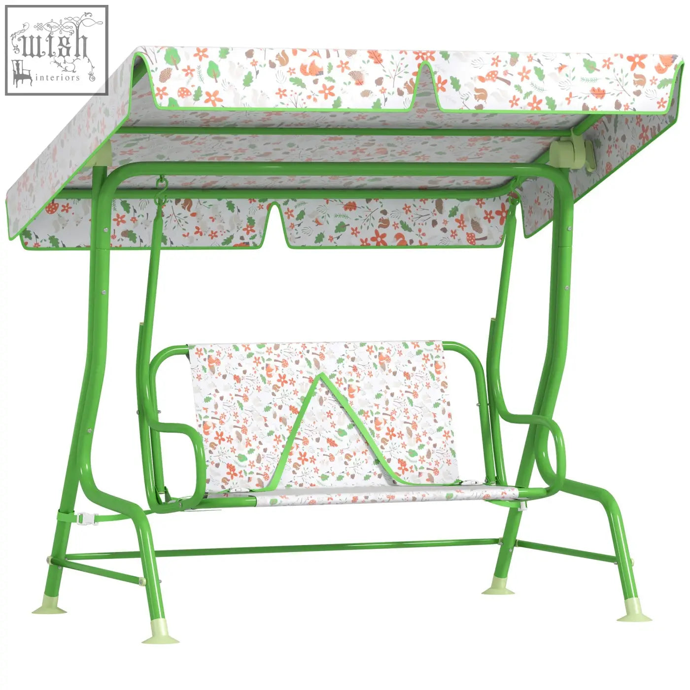 Green metal-framed aiyaplay kids garden swing bench with adjustable canopy and non-skid feet for patio use