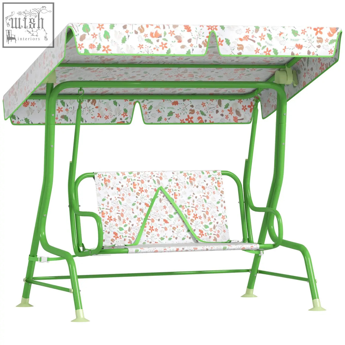Green metal-framed aiyaplay kids garden swing bench with adjustable canopy and non-skid feet for patio use