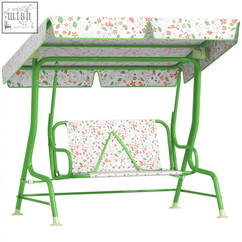 Green metal-framed aiyaplay kids garden swing bench with adjustable canopy and non-skid feet for patio use