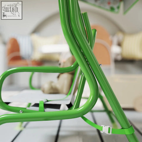 Bright green metal frame AIYAPLAY kids garden swing chair with adjustable canopy and non-skid feet for outdoor use