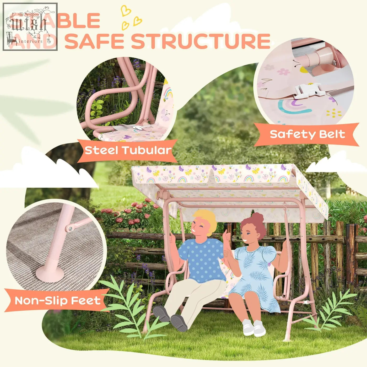 Pink steel tubular swing bench with adjustable floral canopy and safety belt featuring non-skid feet for kids garden use