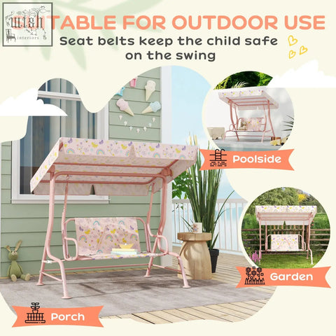 Pink aiYaplay kids garden swing bench with pastel unicorn seat, adjustable canopy, and non-skid feet for patio fun