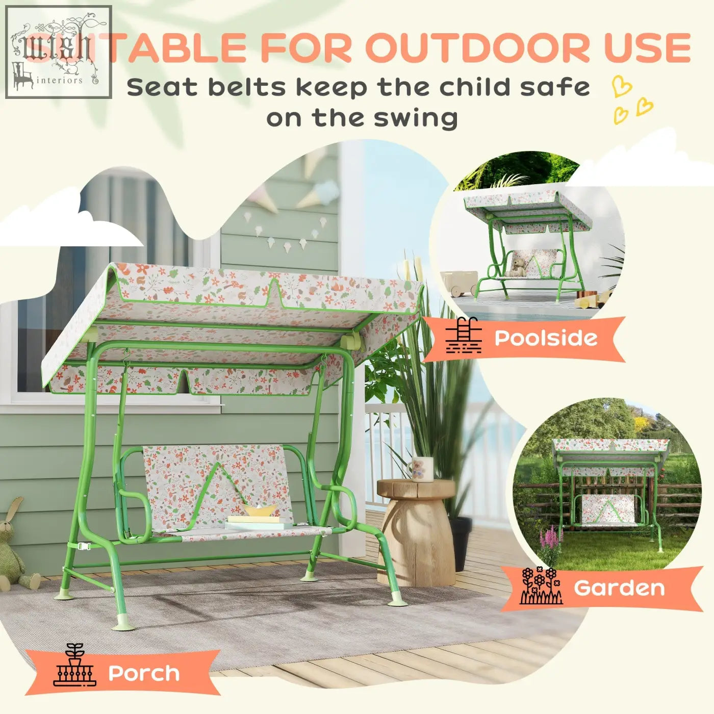 Green metal-framed aiyaplay kids garden swing bench with adjustable canopy floral seat and non-skid feet