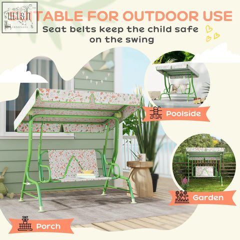 Green metal-framed aiyaplay kids garden swing bench with adjustable canopy floral seat and non-skid feet