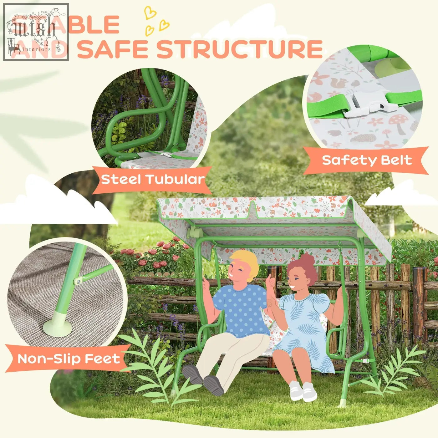 Green steel tubular swing bench with adjustable canopy floral pattern safety belt and non-skid feet for kids garden