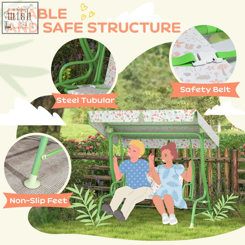 Green steel tubular swing bench with adjustable canopy floral pattern safety belt and non-skid feet for kids garden