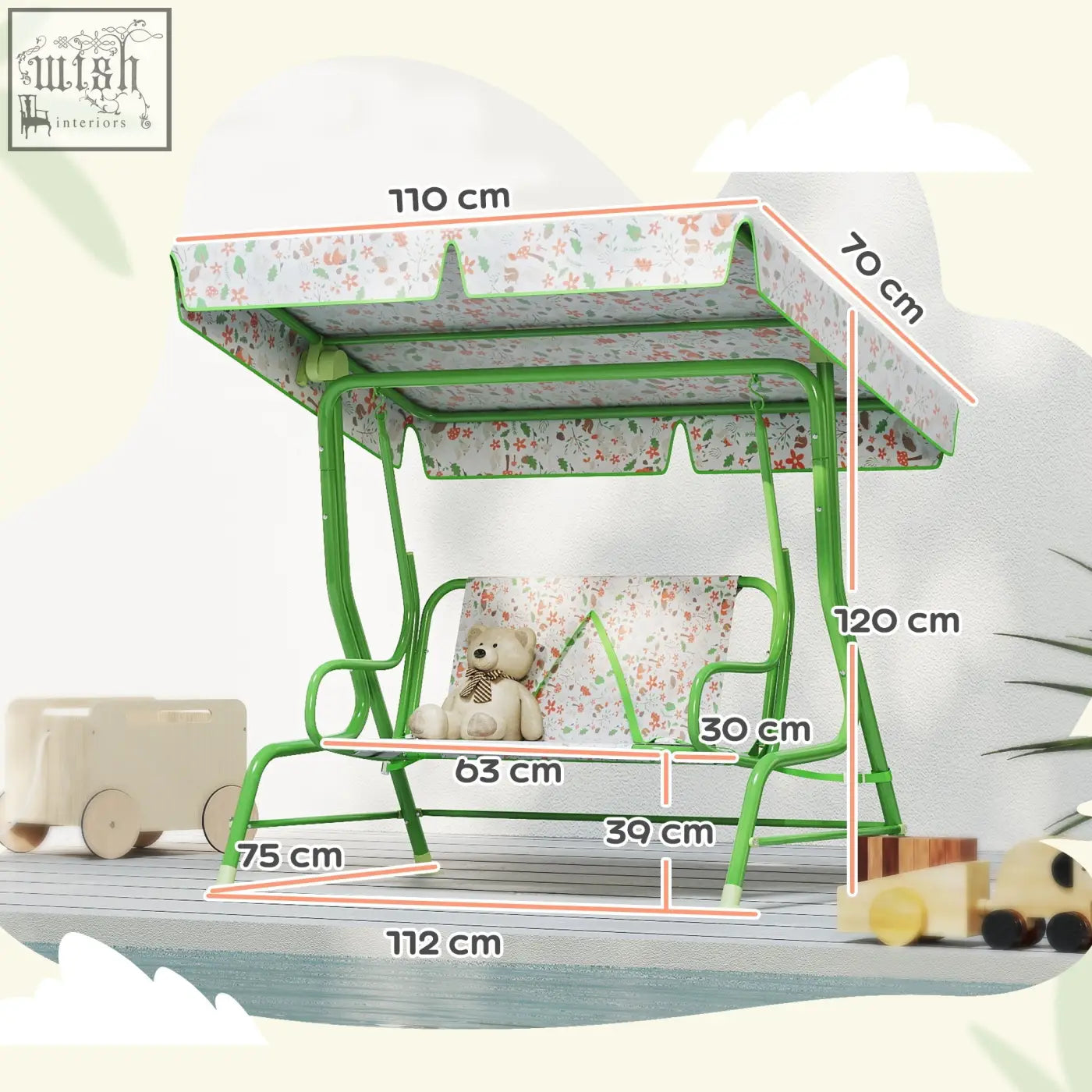 Aiyaplay kids garden swing chair with green metal frame adjustable canopy soft cushions and non-skid feet swing bench