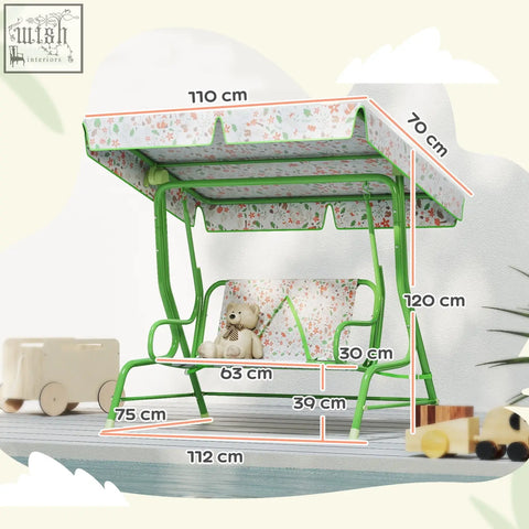 Aiyaplay kids garden swing chair with green metal frame adjustable canopy soft cushions and non-skid feet swing bench