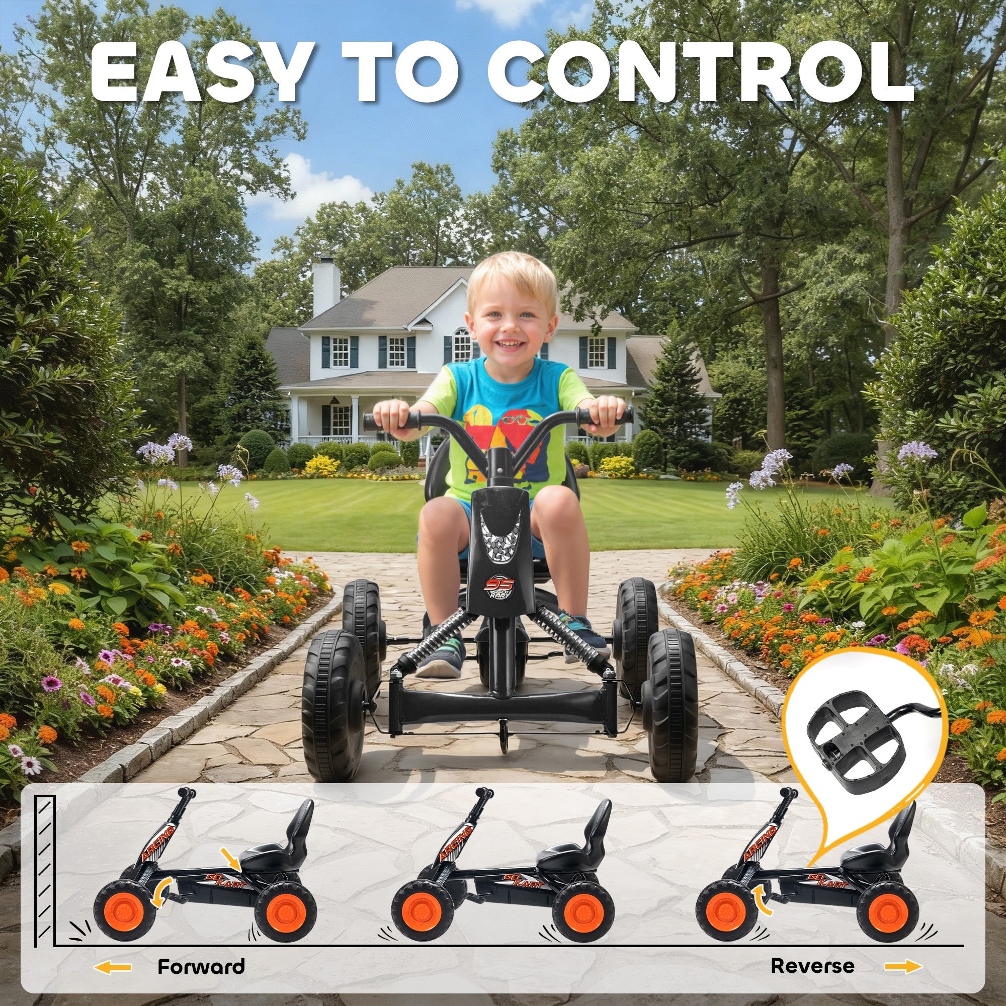 Black and orange aiyaplay kids pedal go kart with steel frame and low-to-the-ground design for ages 2-5 years