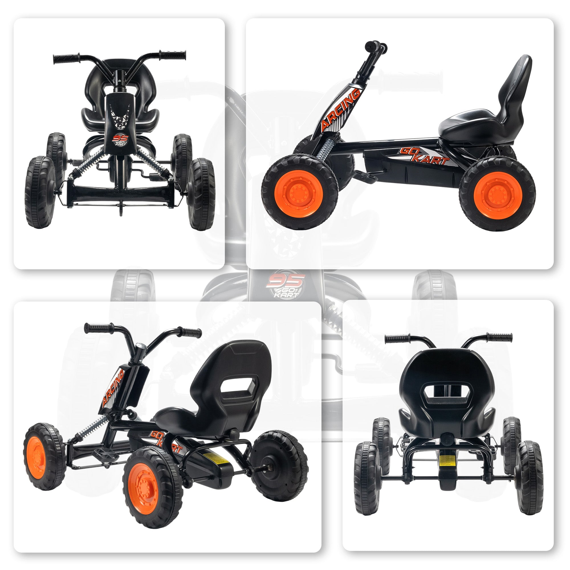 Aiyaplay kids pedal go kart in black and orange with steel frame rugged tires and low-to-the-ground design for ages 2-5