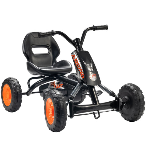 Black aiyaplay kids pedal go kart with steel frame, sporty design, orange wheels, racing branding, low-to-the-ground design