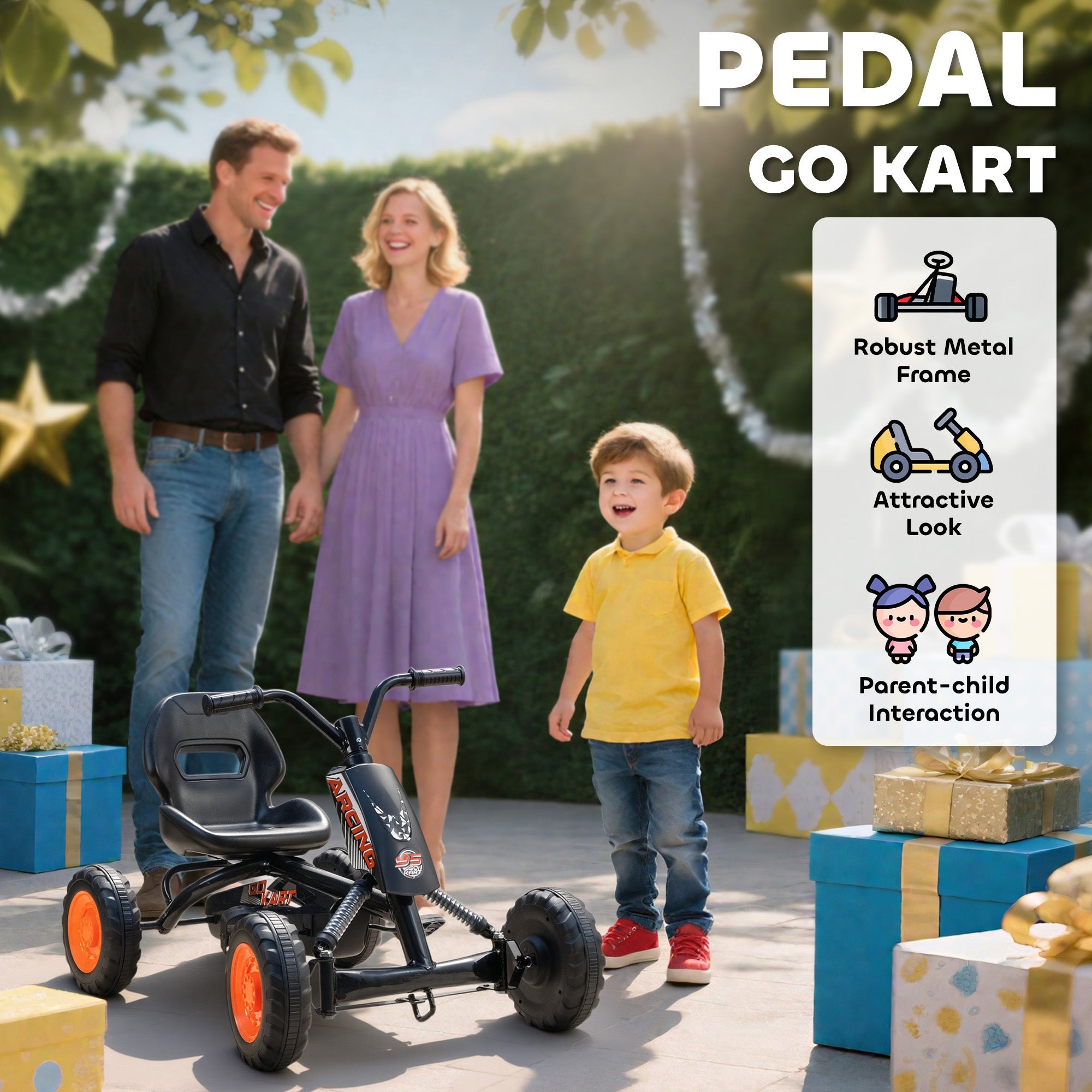 Aiyaplay kids pedal go kart in black with orange wheels features a low-to-the-ground design and sturdy steel frame