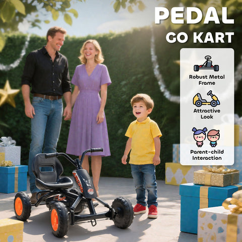 Aiyaplay kids pedal go kart in black with orange wheels features a low-to-the-ground design and sturdy steel frame