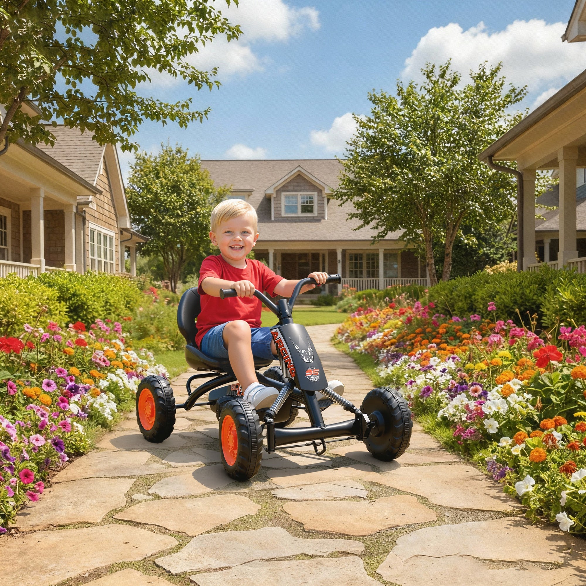 Black and orange AIYAPLAY kids pedal go kart with steel frame and low-to-the-ground design ridden by child on stone path