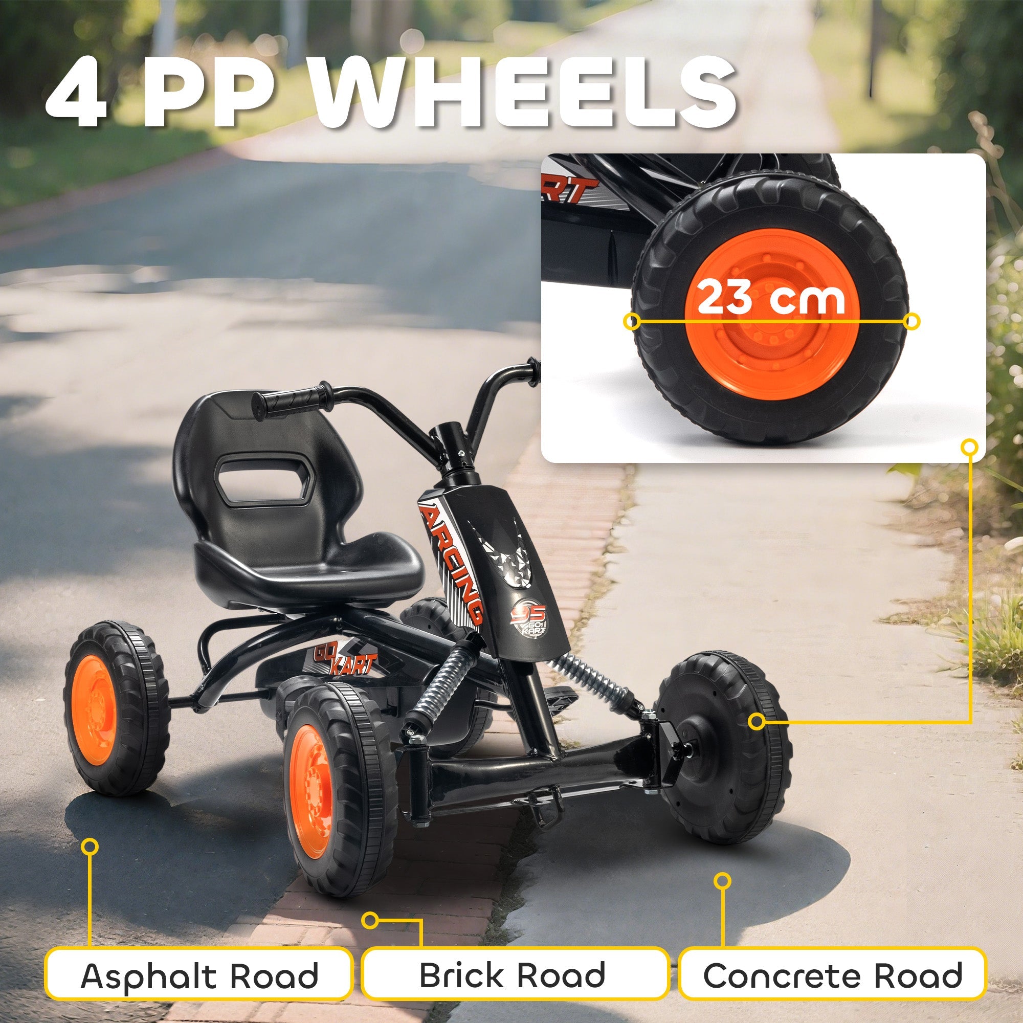 Black kids pedal go kart with bright orange wheels steel frame and low to the ground design for ages 2 to 5 years