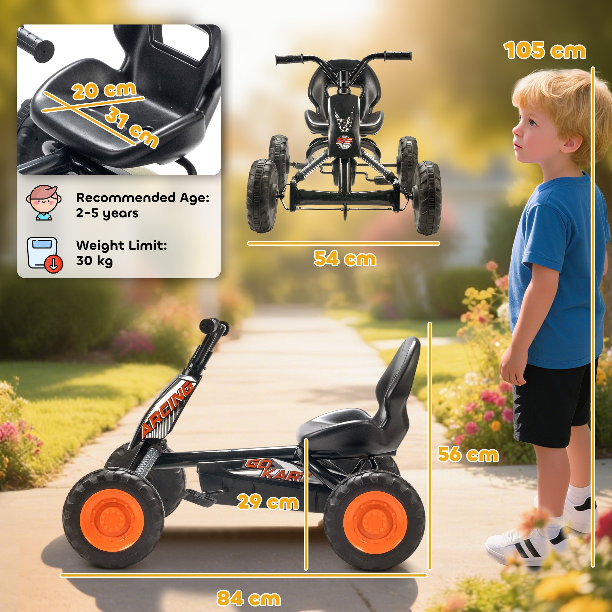 Black and orange aiyaplay kids pedal go kart with steel frame low-to-the-ground design and racing branding