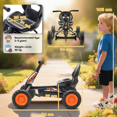 Black and orange aiyaplay kids pedal go kart with steel frame low-to-the-ground design and racing branding