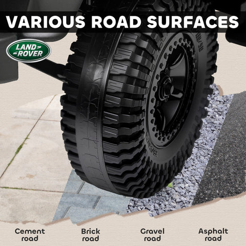 Black rugged off-road tire with deep treads on land rover wheel for aiYaplay battery-powered toy car durability and traction