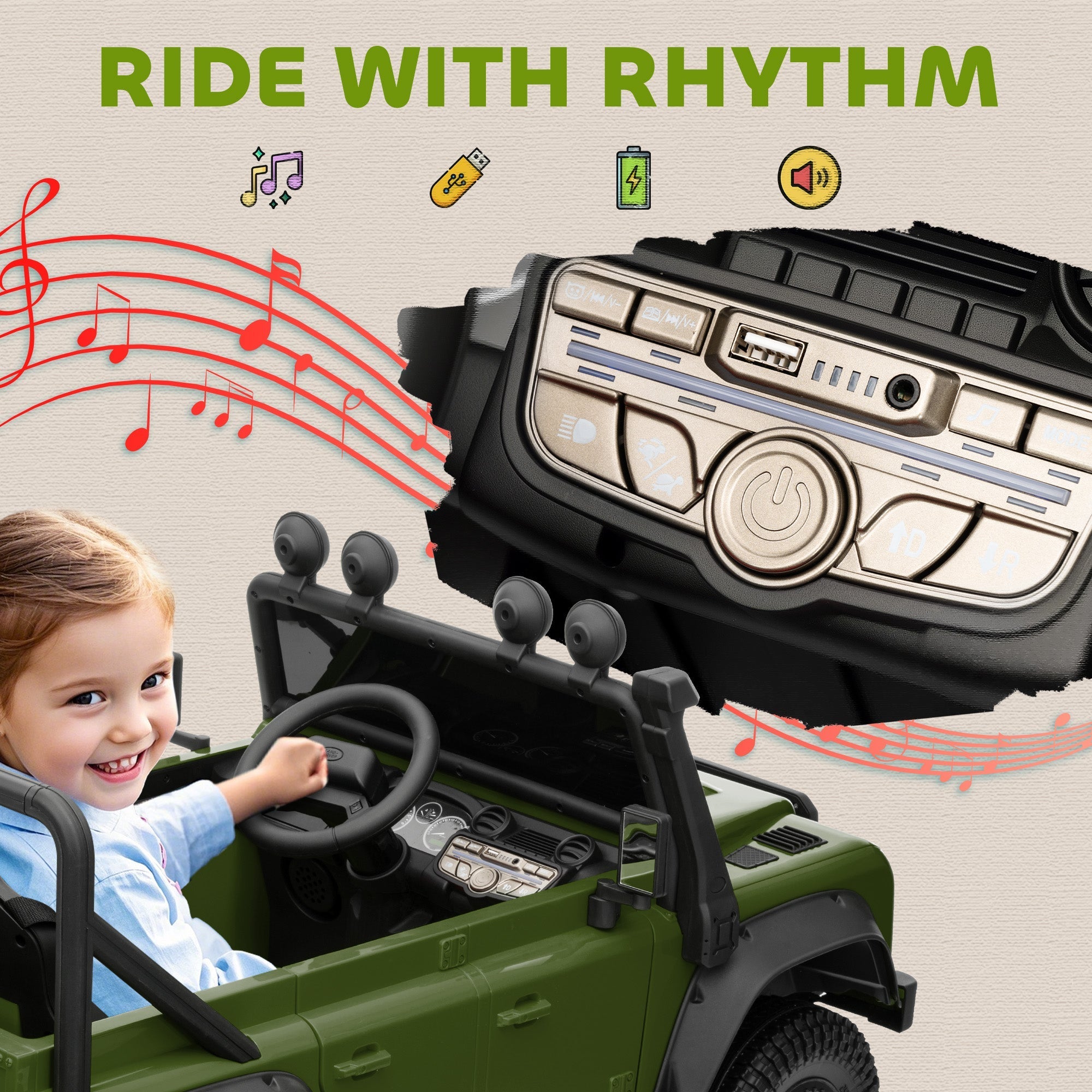 Green AIYAPLAY kids ride on battery-powered toy car with remote control music horn and detailed dashboard design