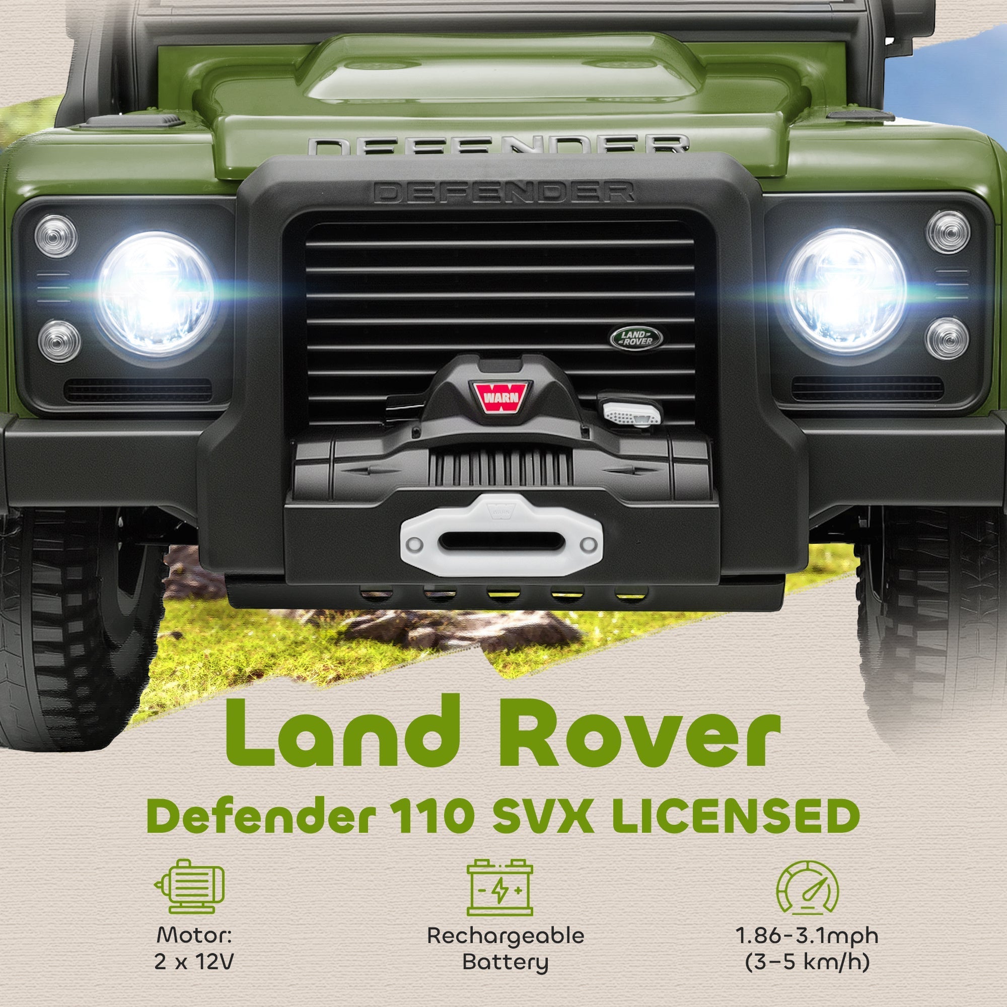 Green and black land rover defender 110 svx battery-powered toy car with led lights and remote control for kids 3-5 years old