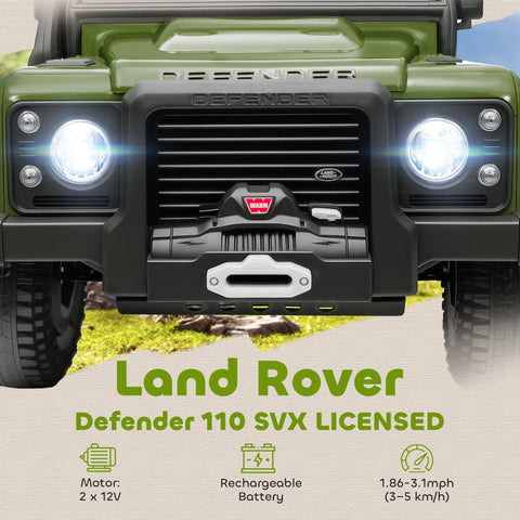 Green and black land rover defender 110 svx battery-powered toy car with led lights and remote control for kids 3-5 years old