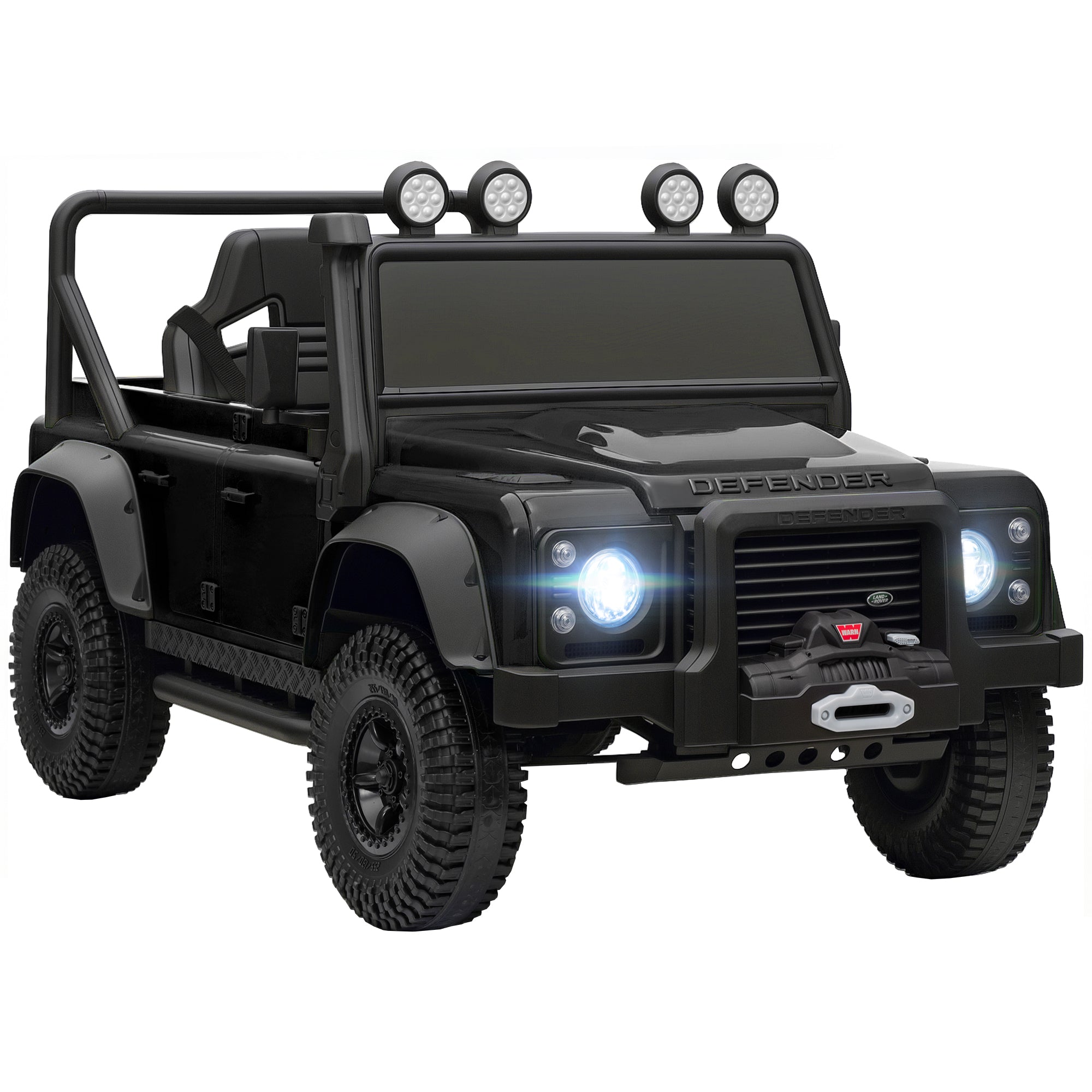 Black land rover battery-powered toy car with rugged off-road tires roof lights and 4 spring suspension wheels