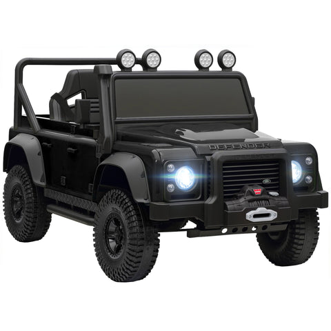 Black land rover battery-powered toy car with rugged off-road tires roof lights and 4 spring suspension wheels