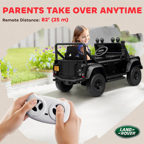 Black land rover battery-powered toy car with child inside and white remote control for ages 3 to 5 years old