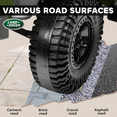 Black rugged off-road tire with deep treads on green land rover wheel for aiyaplay battery-powered toy car