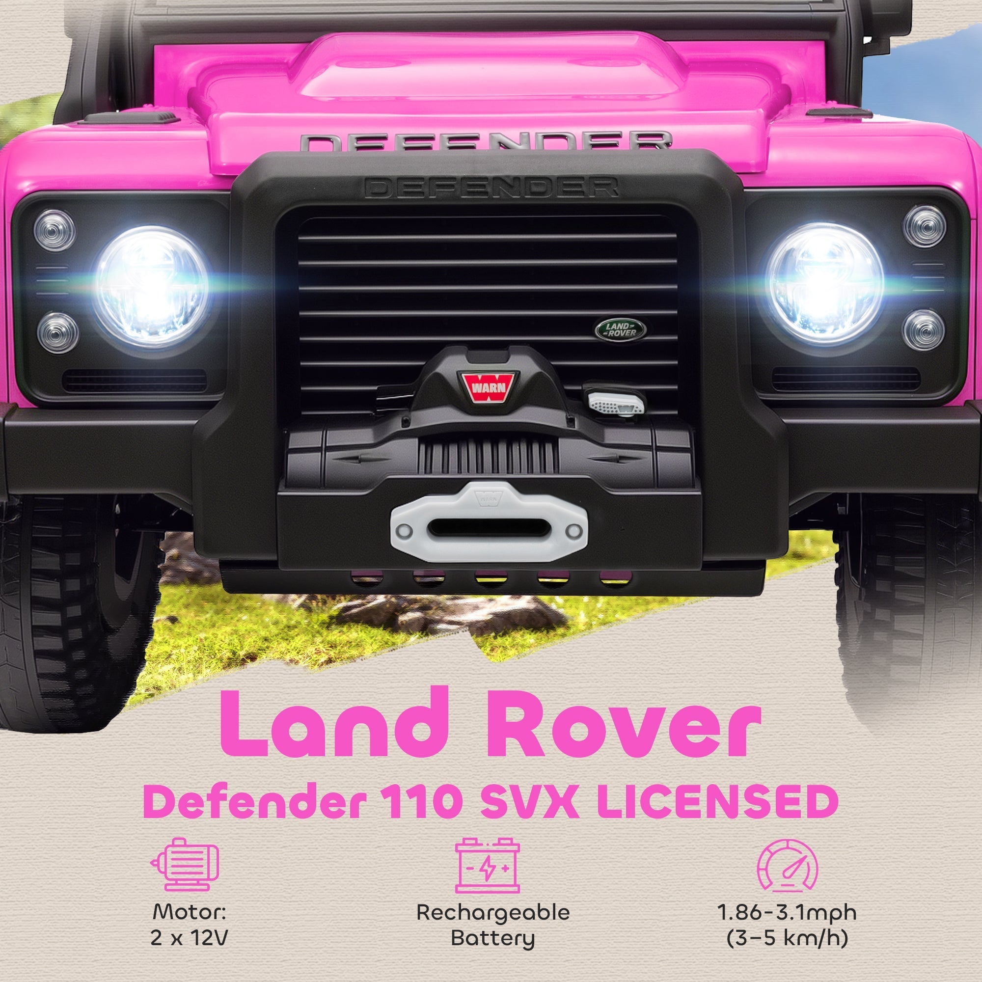 Pink and black licensed land rover defender 110 svx battery-powered toy car with rugged grille and winch bumper for kids