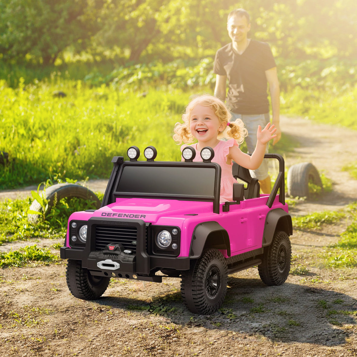 Bright pink AIYAPLAY battery-powered toy car with black accents and defender logo for kids 3-5 years old