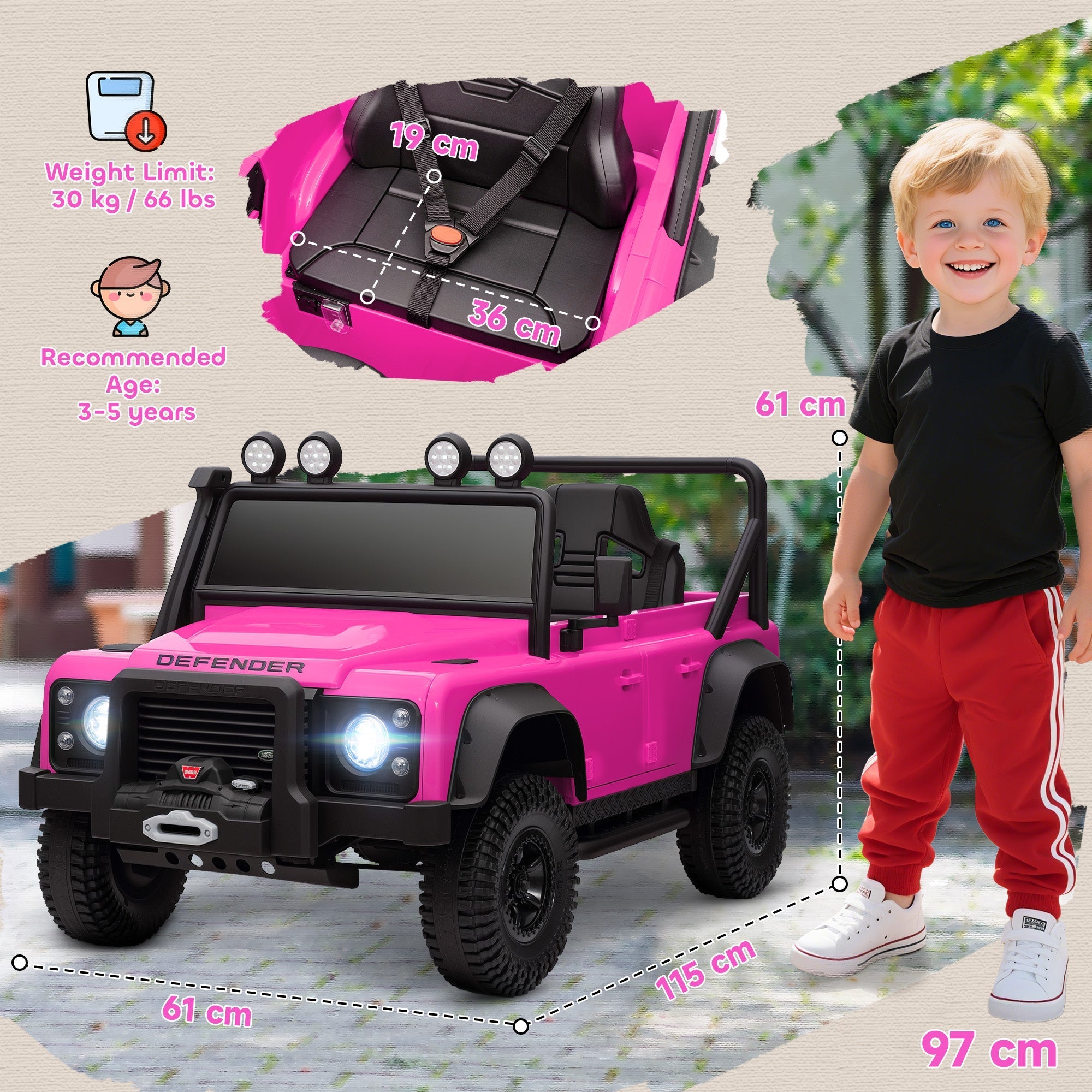 Vibrant pink and black battery-powered toy car inspired by land rover defender with led lights and remote control for kids