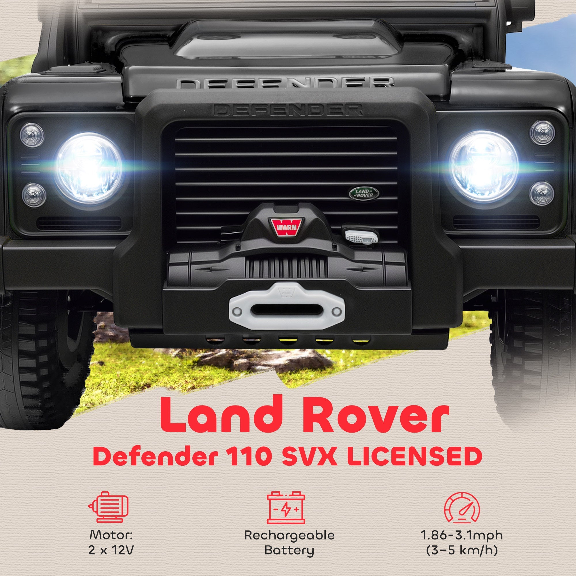Black plastic battery-powered toy land rover defender 110 svx with illuminated headlights and front winch for kids ride on car